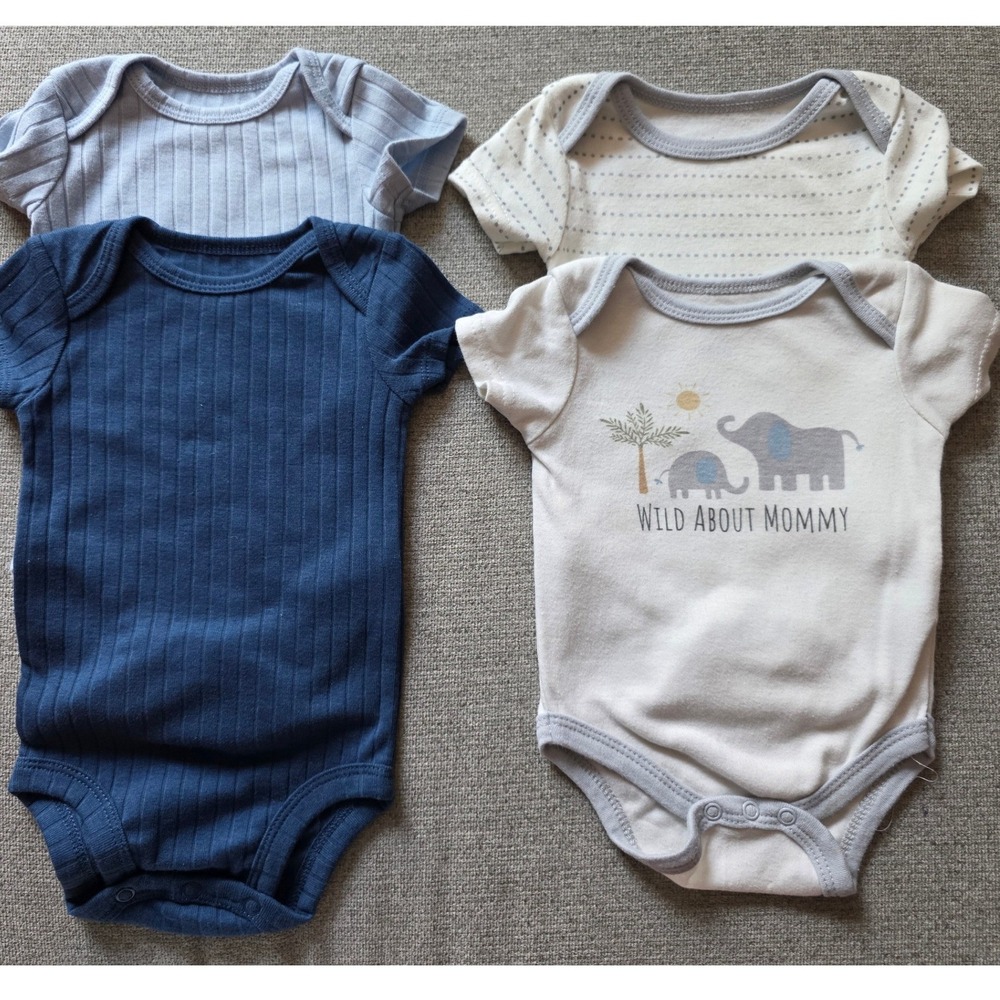 Carters Kyle Deena Baby Boys Bodysuits Lot 4 0-3 Months Blue Elephant Ribbed